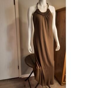 Ester Beaded Maxi Dress Chocolate Brown Sz Medium Boho Festival Rope Halter